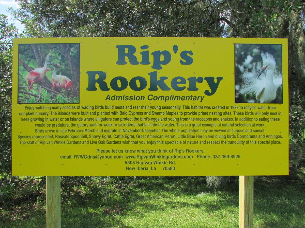 Rip's Rookery sign at Jefferson Island Rip Van Winkle Gardens