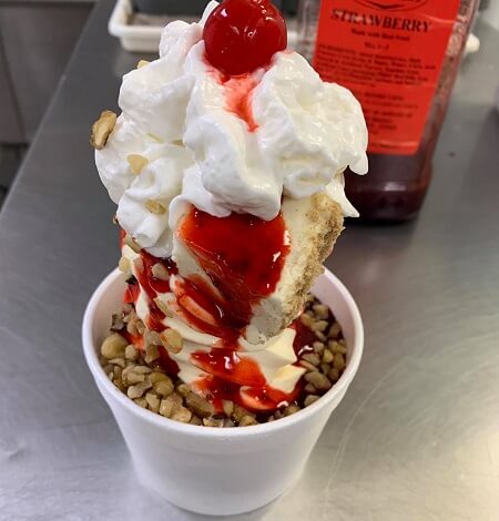 Strawberry sundae in a styrofoam cup at Cool Scene, an ice cream parlor in New Iberia.