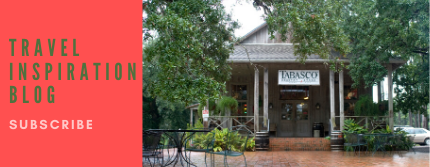 Iberia Travel inspiration blog graphic with a picture of the Tabasco Country Store on Avery Island